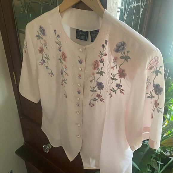 Vintage Laura Scott Pink Floral Blouse 90s Embroidered Pearl Button Top Sz 12 - Picture 6 of 17